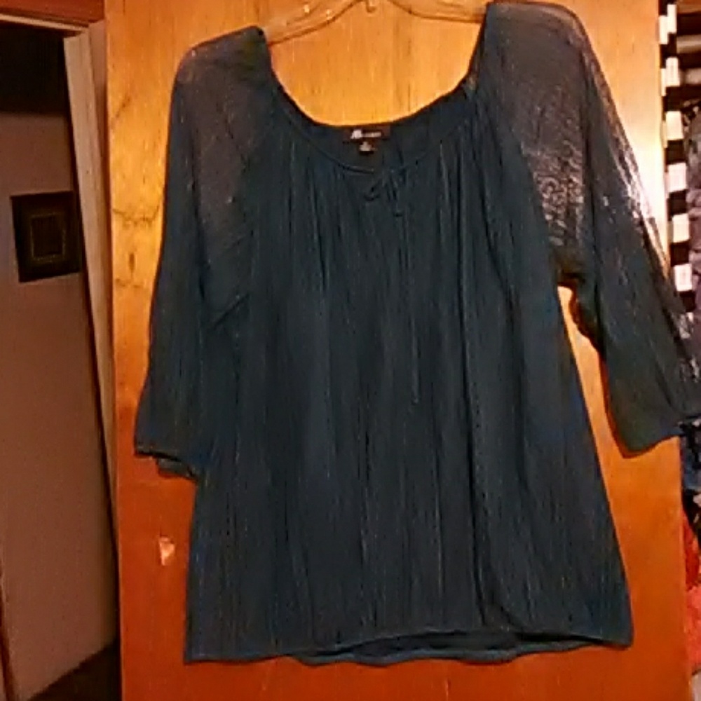 Dark bluish green tie neck top